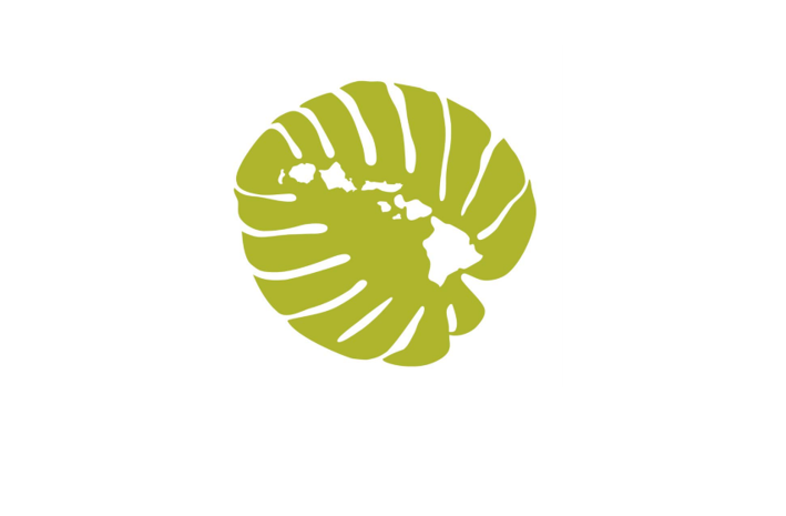 Logo for Med-QUEST Hawaii, has a Monstera leaf with the Hawaiian Islands in the middle